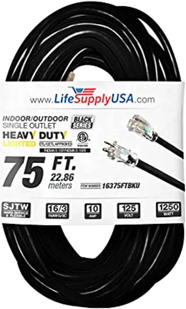 Main image of 75 ft extension cord 16/3 sjtw with lighted end - black - indoor / outdoor heavy duty extra durability 10amp 125v 1250w etl listed by lifesupplyusa