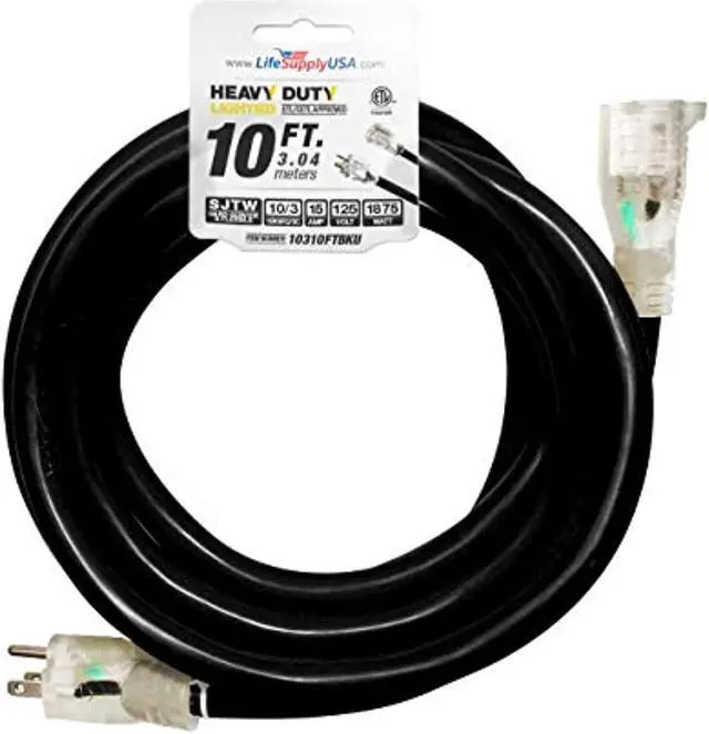 Main image of 10 ft extension cord 10/3 sjtw with lighted end - black - indoor / outdoor heavy duty extra durability 15amp 125v 1875w etl listed by lifesupplyusa
