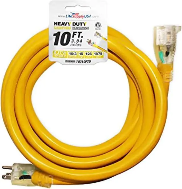 Main image of 10 ft extension cord 10/3 sjtw with lighted end - yellow - indoor / outdoor heavy duty extra durability 15amp 125v 1875w etl listed by lifesupplyusa