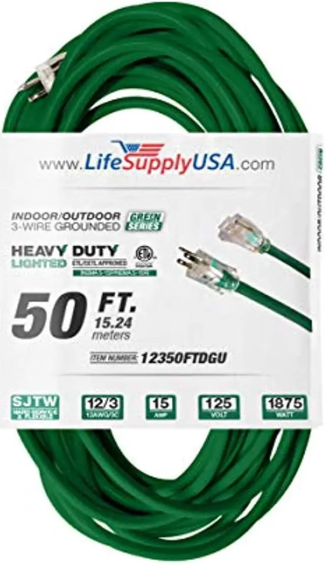 Main image of 50 ft extension cord 12/3 sjtw with lighted end - green - indoor / outdoor heavy duty extra durability 15amp 125v 1875w etl listed by lifesupplyusa