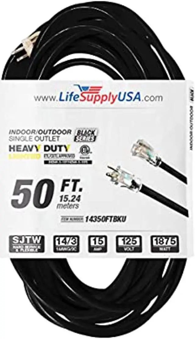 Main image of 50 ft extension cord 14/3 sjtw with lighted end - black - indoor / outdoor heavy duty extra durability 15amp 125v 1875w etl listed by lifesupplyusa