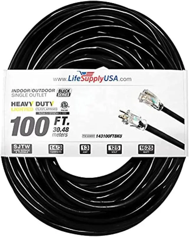 Main image of 100 ft extension cord 14/3 sjtw with lighted end - black - indoor / outdoor heavy duty extra durability 13amp 125v 1625w etl listed by lifesupplyusa