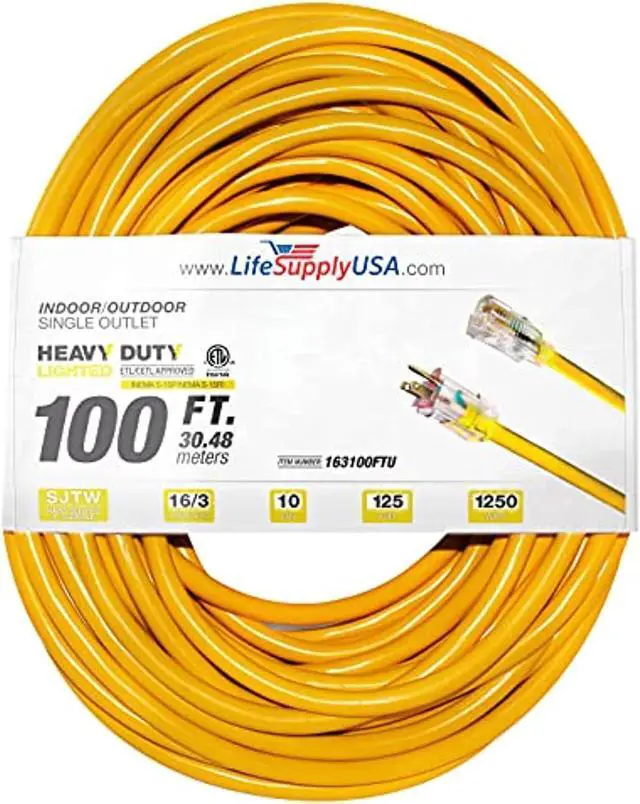 Main image of 100 ft extension cord 16/3 sjtw with lighted end - yellow - indoor / outdoor heavy duty extra durability 10amp 125v 1250w etl listed by lifesupplyusa