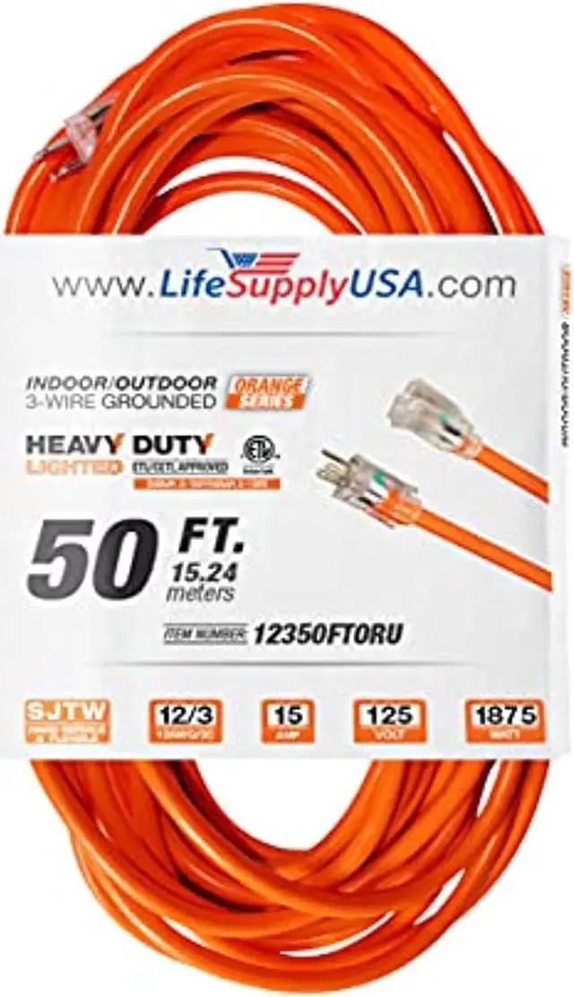Main image of 50 ft extension cord 12/3 sjtw with lighted end - orange - indoor / outdoor heavy duty extra durability 15amp 125v 1875w etl listed by lifesupplyusa