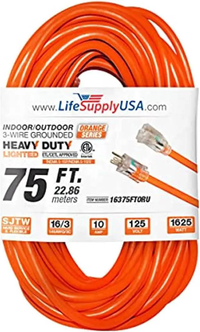 Main image of 75 ft extension cord 16/3 sjtw with lighted end - orange - indoor / outdoor heavy duty extra durability 10amp 125v 1625w etl listed by lifesupplyusa
