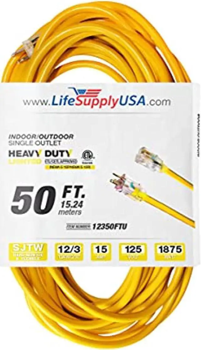 Main image of 50 ft extension cord 12/3 sjtw with lighted end - yellow - indoor / outdoor heavy duty extra durability 15amp 125v 1875w etl listed by lifesupplyusa