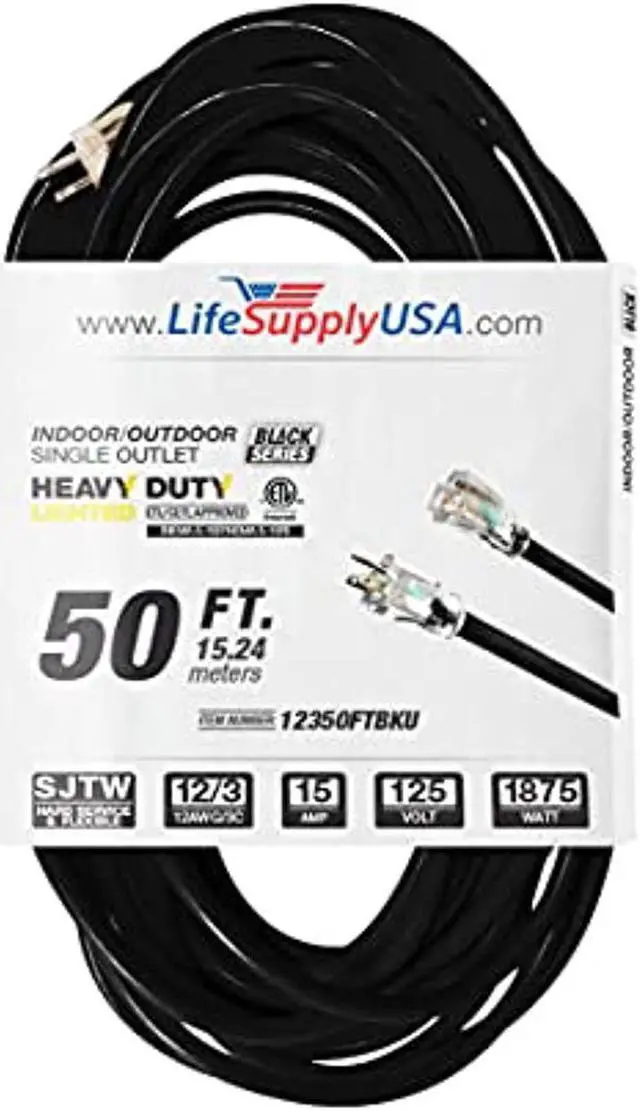 Main image of 50 ft extension cord 12/3 sjtw with lighted end - black - indoor / outdoor heavy duty extra durability 15amp 125v 1875w etl listed by lifesupplyusa