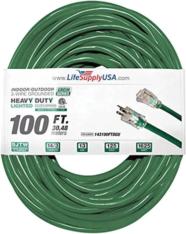 Main image of 100 ft extension cord 14/3 sjtw with lighted end - green - indoor / outdoor heavy duty extra durability 13amp 125v 1625w etl listed by lifesupplyusa
