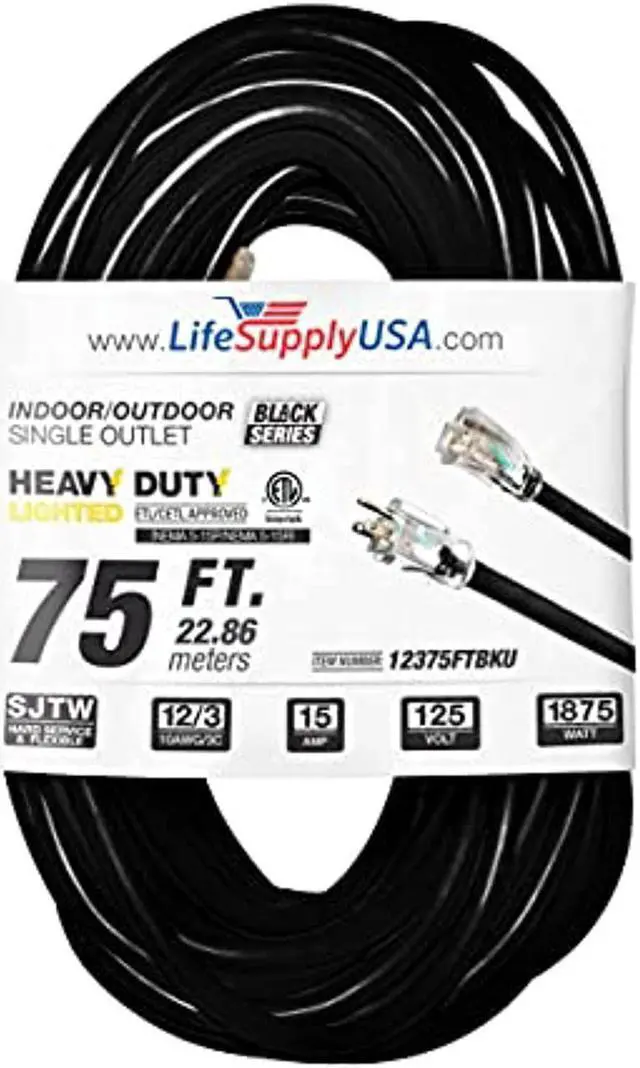 Main image of 75 ft extension cord 12/3 sjtw with lighted end - black - indoor / outdoor heavy duty extra durability 15amp 125v 1875w etl listed by lifesupplyusa
