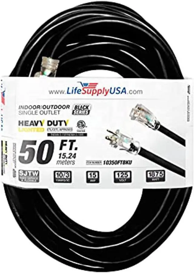 Main image of 50 ft extension cord 10/3 sjtw with lighted end - black - indoor / outdoor heavy duty extra durability 15amp 125v 1875w etl listed by lifesupplyusa