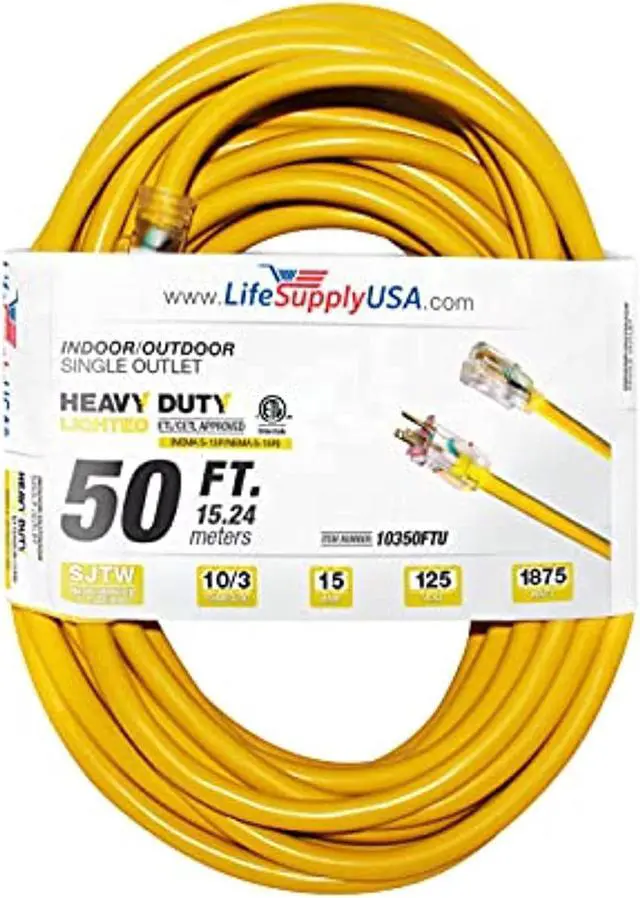 Main image of 50 ft extension cord 10/3 sjtw with lighted end - yellow - indoor / outdoor heavy duty extra durability 15amp 125v 1875w etl listed by lifesupplyusa