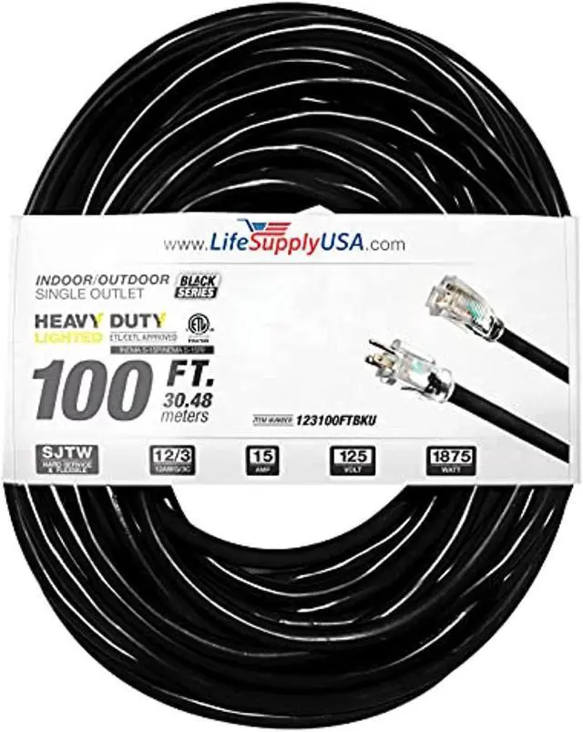Main image of 100 ft extension cord 12/3 sjtw with lighted end - black - indoor / outdoor heavy duty extra durability 15amp 125v 1875w etl listed by lifesupplyusa