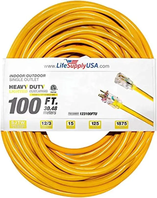 Main image of 100 ft extension cord 12/3 sjtw with lighted end - yellow - indoor / outdoor heavy duty extra durability 15amp 125v 1875w etl listed by lifesupplyusa