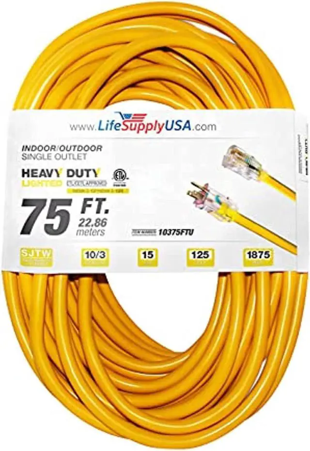 Main image of 75 ft extension cord 10/3 sjtw with lighted end - yellow - indoor / outdoor heavy duty extra durability 15amp 125v 1875w etl listed by lifesupplyusa
