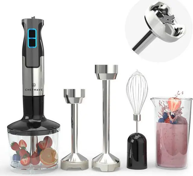 Alt view image 8 of 8 - ChefWave InterMix 500 Watt 9-Speed Immersion Multi-Purpose Hand Blender Heavy Duty w/ 6.3 in. & 8.5 in. Immersion Depth Wands, Beaker, Whisk and Chopper Attachments