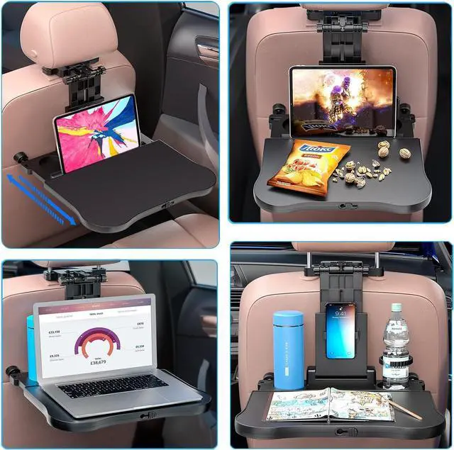 Alt view image 5 of 7 - DEWANG Car Backseat Tray Table - Foldable Seat Back Laptop Desk with Phone Holder for Car Travel - Food Tray for Working, Eating, and Writing, Adjustable and Portable with Sturdy Support