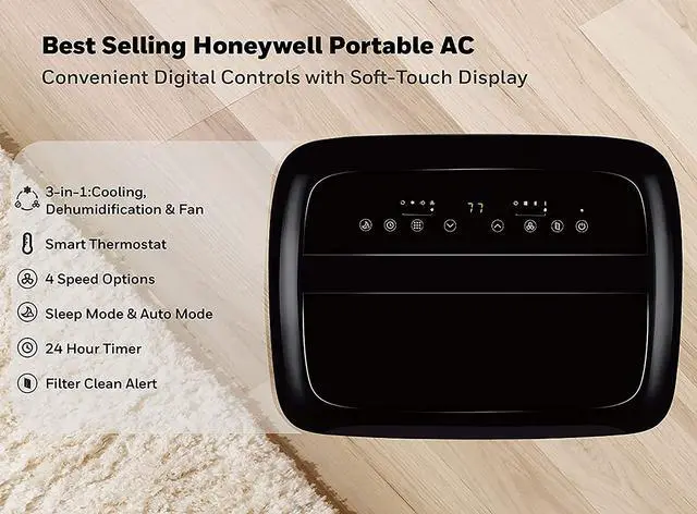 Alt view image 2 of 5 - Honeywell HF08CESWK 8,000 BTU Compact Portable Air Conditioner w/ Dehumidifier & Fan Cools Rooms Up To 350 Sq.Ft. w/ Drain Pan & Insulation Tape