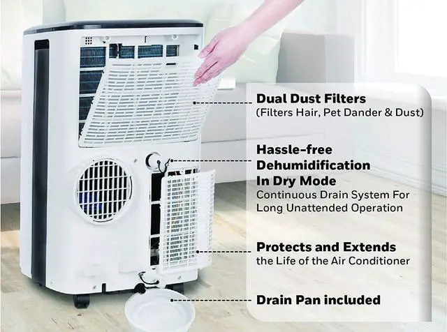 Alt view image 4 of 5 - Honeywell HF08CESWK 8,000 BTU Compact Portable Air Conditioner w/ Dehumidifier & Fan Cools Rooms Up To 350 Sq.Ft. w/ Drain Pan & Insulation Tape