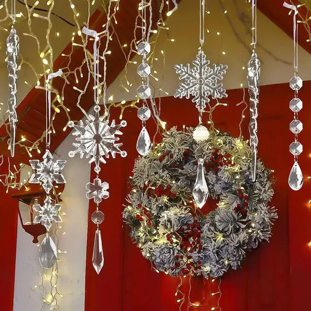 Alt view image 6 of 7 - 20pcs Crystal Christmas Ornaments for Christmas Tree Decorations-Hanging Acrylic Snowflake and Icicle Ornaments with Drop Pendants for Christmas Tree New Year Party Decorations Supplies