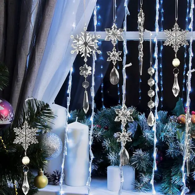 Alt view image 7 of 7 - 20pcs Crystal Christmas Ornaments for Christmas Tree Decorations-Hanging Acrylic Snowflake and Icicle Ornaments with Drop Pendants for Christmas Tree New Year Party Decorations Supplies