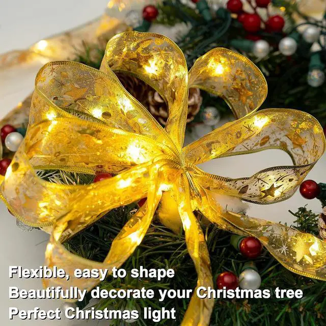 Alt view image 6 of 7 - Christmas Ribbon Lights 32FT 100 LED Christmas Tree Ribbon Garland Battery Powered Gold Copper Wire Christmas Ribbon Fairy Lights Bows Ribbon for Christmas Tree
