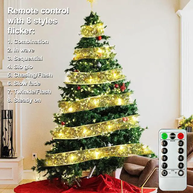 Alt view image 3 of 7 - Christmas Ribbon Lights 32FT 100 LED Christmas Tree Ribbon Garland Battery Powered Gold Copper Wire Christmas Ribbon Fairy Lights Bows Ribbon for Christmas Tree