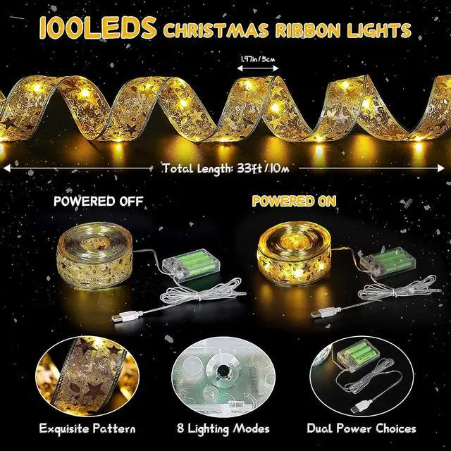 Alt view image 4 of 7 - Christmas Ribbon Lights 32FT 100 LED Christmas Tree Ribbon Garland Battery Powered Gold Copper Wire Christmas Ribbon Fairy Lights Bows Ribbon for Christmas Tree