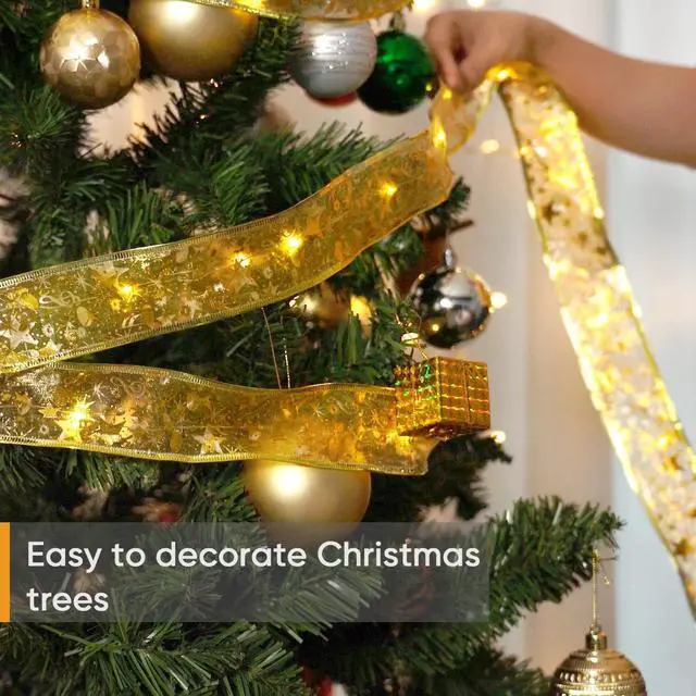 Alt view image 7 of 7 - Christmas Ribbon Lights 32FT 100 LED Christmas Tree Ribbon Garland Battery Powered Gold Copper Wire Christmas Ribbon Fairy Lights Bows Ribbon for Christmas Tree