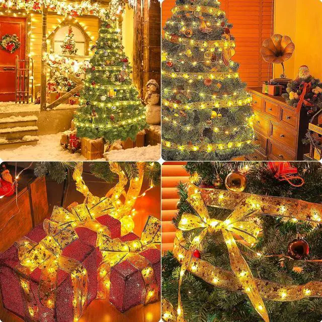 Alt view image 5 of 7 - Christmas Ribbon Lights 32FT 100 LED Christmas Tree Ribbon Garland Battery Powered Gold Copper Wire Christmas Ribbon Fairy Lights Bows Ribbon for Christmas Tree