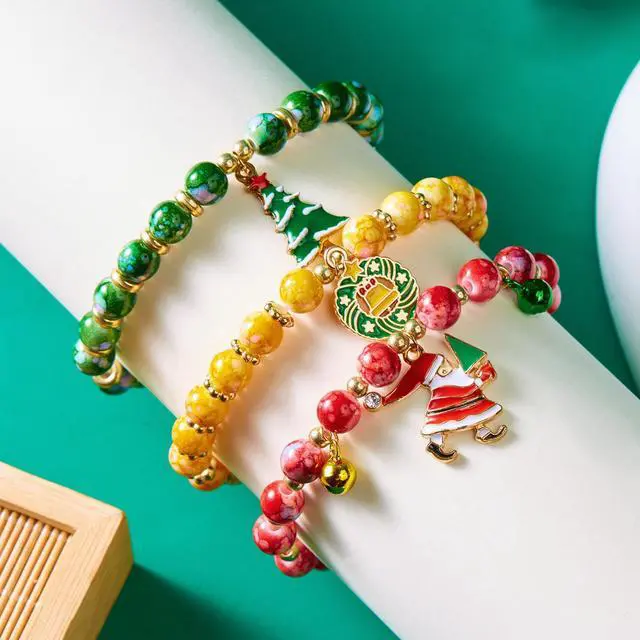 Alt view image 3 of 7 - Christmas Tree Santa Claus Snowman Bead Combination Bracelet for women X-mas gift for kids 12 pieces