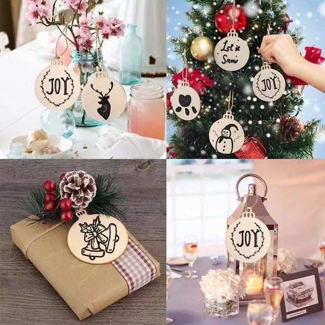 Alt view image 7 of 7 - 100 Pieces Christmas Wooden Ornaments Round Wood Slices Snowflake Angel Shape with Cords for DIY Crafts New Year Christmas Tree Pendant Holiday Wedding Decorations Ornaments 4.72 x 3.93 inch