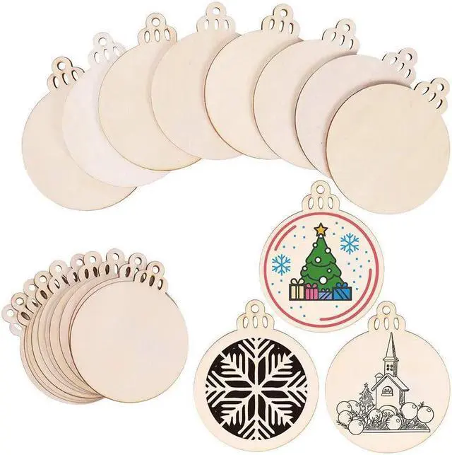 Alt view image 3 of 7 - 100 Pieces Christmas Wooden Ornaments Round Wood Slices Snowflake Angel Shape with Cords for DIY Crafts New Year Christmas Tree Pendant Holiday Wedding Decorations Ornaments 4.72 x 3.93 inch