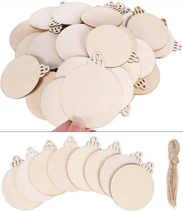 Alt view image 4 of 7 - 100 Pieces Christmas Wooden Ornaments Round Wood Slices Snowflake Angel Shape with Cords for DIY Crafts New Year Christmas Tree Pendant Holiday Wedding Decorations Ornaments 4.72 x 3.93 inch