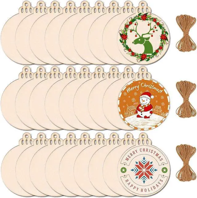 Alt view image 2 of 7 - 100 Pieces Christmas Wooden Ornaments Round Wood Slices Snowflake Angel Shape with Cords for DIY Crafts New Year Christmas Tree Pendant Holiday Wedding Decorations Ornaments 4.72 x 3.93 inch