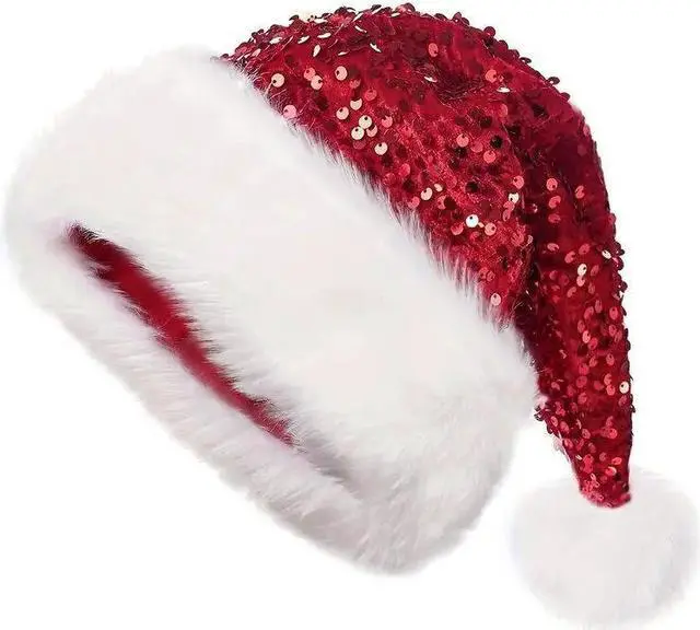 Alt view image 3 of 6 - Christmas Hat Santa Hats for Adults Unisex Red Sequin Santa Hat Thicken Xmas Hat for New Year Festive Holiday Party