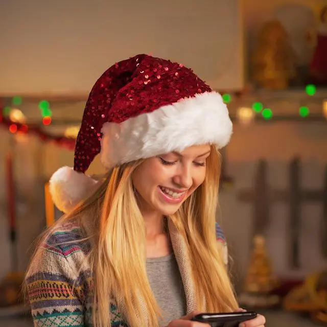 Alt view image 5 of 6 - Christmas Hat Santa Hats for Adults Unisex Red Sequin Santa Hat Thicken Xmas Hat for New Year Festive Holiday Party