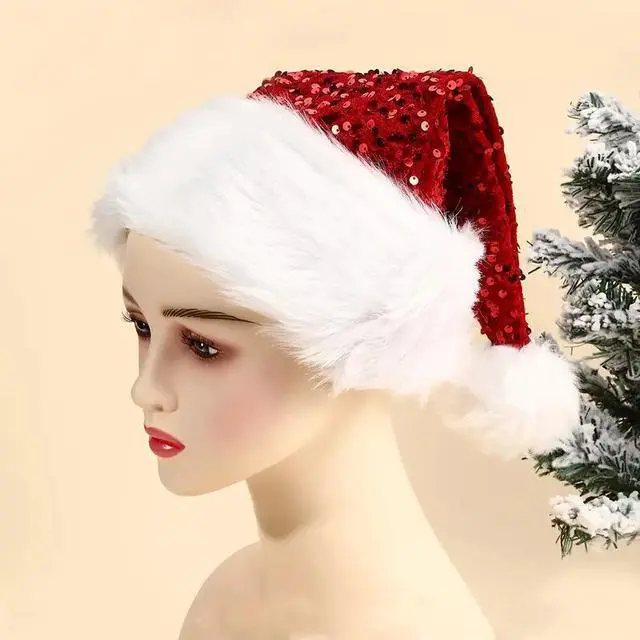 Alt view image 6 of 6 - Christmas Hat Santa Hats for Adults Unisex Red Sequin Santa Hat Thicken Xmas Hat for New Year Festive Holiday Party
