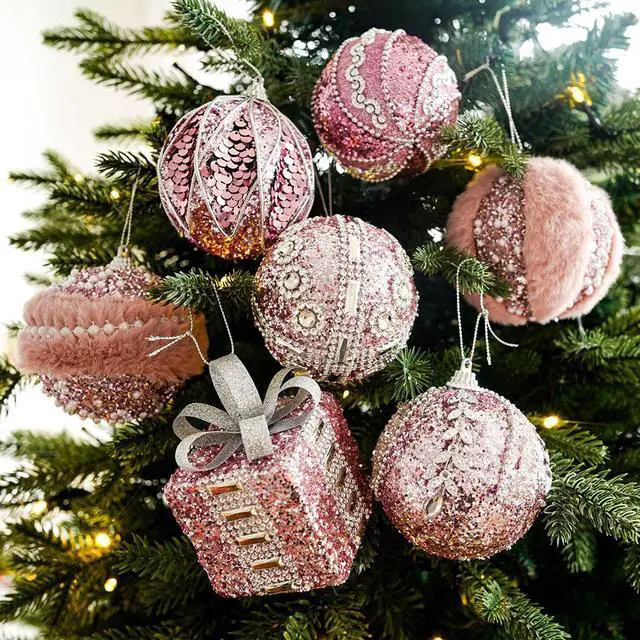 Main image of Christmas Ball Ornaments 7pcs Sequin Christmas Balls Shatterproof Christmas Tree Ornaments Glitter Christmas Ornaments Plastic Hanging Pearl Balls for Xmas Trees,Holiday Party(Pink)