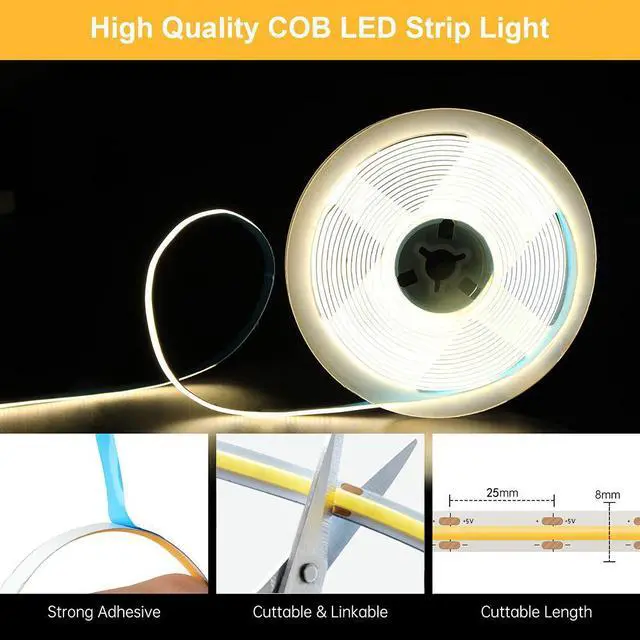 Alt view image 4 of 7 - 5V COB flexible light strip with USB and switch, live broadcast fill light, e-sports room decoration light strip 16.4ft warm white