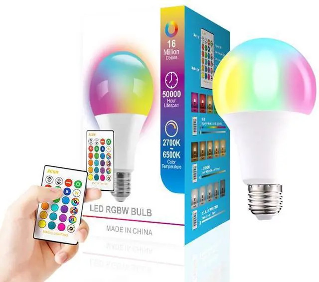 Alt view image 2 of 6 - RGB Color Changing Light Bulbs,15W RGB LED Light Bulbs A70 E27/E26 Warm White 6500K,16 Color Multicolor Light Bulb Dimmable Light for Home Party Bedroom