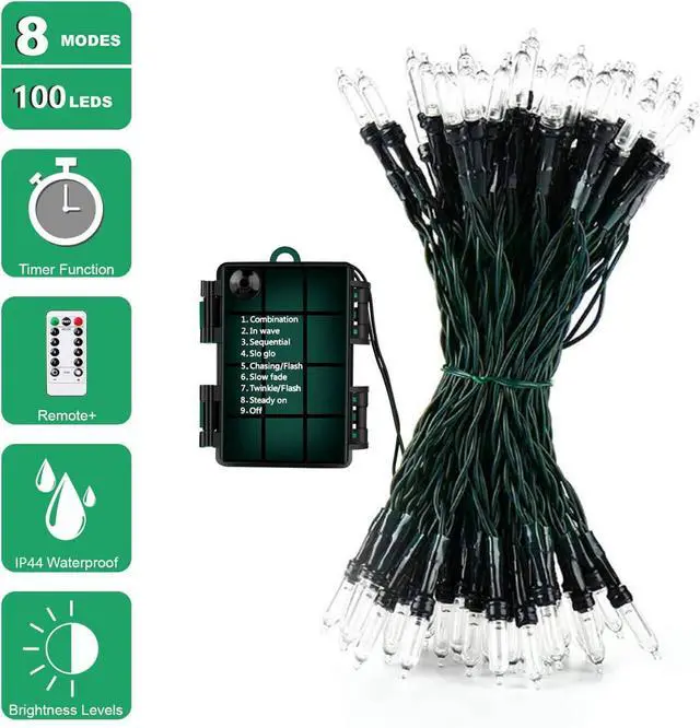 Alt view image 2 of 7 - Christmas Lights 100 Count Mini Clear Lights 10M Green Wire Christmas Tree String Lights for Outdoor Indoor Christmas/Wedding/Valentines Day Decor,Remote Control 8 Modes(Warm White)