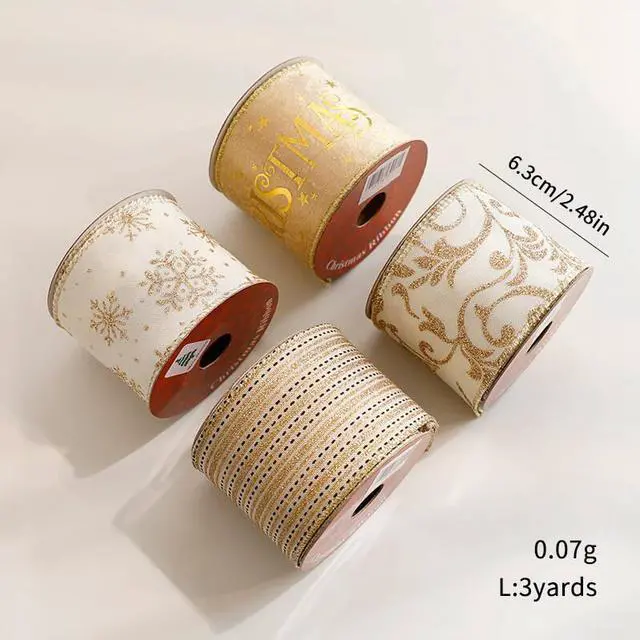 Alt view image 3 of 7 - Christmas Holiday Ribbon Set, Red Green Gold Black, Wired Edge, Glitter Snowflake Pattern, 2.48 Inch x 3 Yards, 8 Rolls, for Gift Wrapping, Wreaths, Garland, Crafts