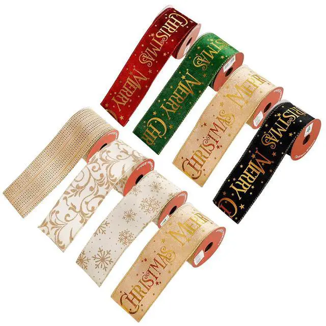 Main image of Christmas Holiday Ribbon Set, Red Green Gold Black, Wired Edge, Glitter Snowflake Pattern, 2.48 Inch x 3 Yards, 8 Rolls, for Gift Wrapping, Wreaths, Garland, Crafts