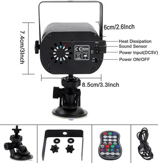 Alt view image 5 of 7 - Wireless Party Lights, Dj Disco Lights with 4000 mAh Built-in Battery,LED Projector Stage Strobe Light by Sound Activated Remote Control for Parties Christmas Halloween Weddings Lighting (Black)