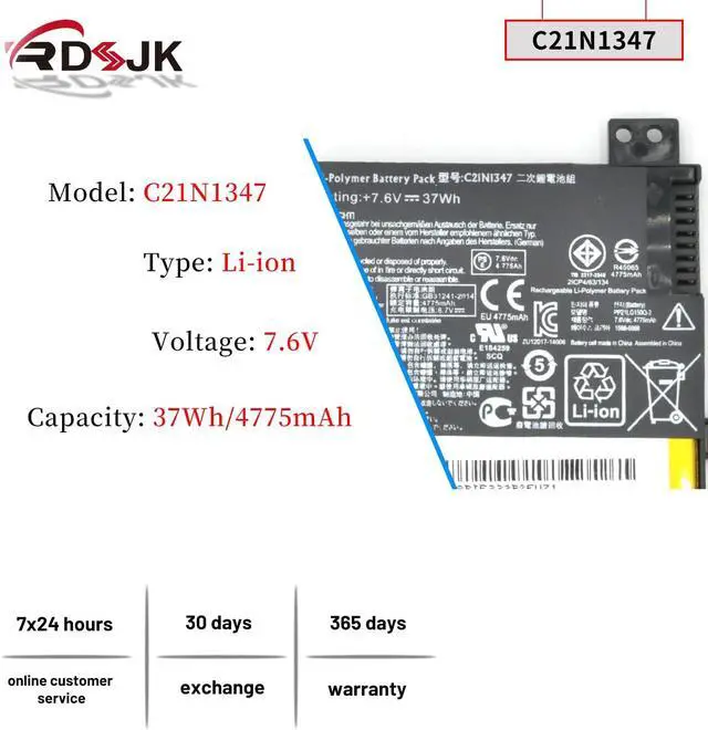 Alt view image 2 of 7 - C21N1347 Laptop Battery for Asus X554L X555 X555L X555LA X555LD X555LN X555MA A555 A555L A556 A556U K555 K555Z K555L K555LA K555LD R556L R557L VM510 Y583L Y583LD F554L F555U F555L FL5500 Series 37Wh