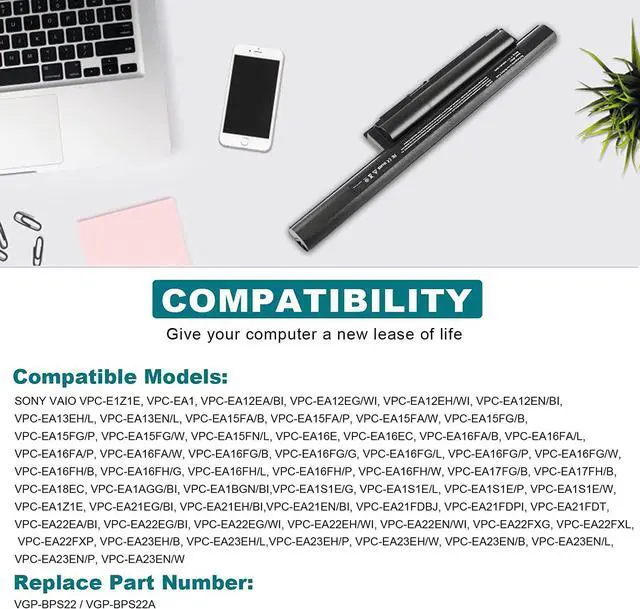 Alt view image 6 of 7 - Futurebatt 6Cell Laptop Battery for Sony Vaio VGP-BPS22 VGP-BPS22A VGP-BPL22 VGP-BPS22/A VPC-E1Z1E VPC-EA