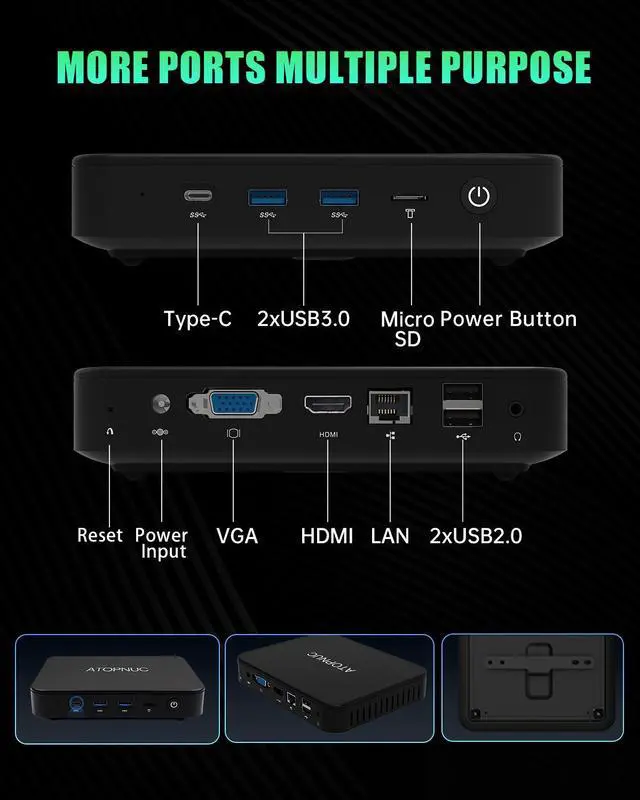 Alt view image 5 of 7 - ATOPNUC AG40 Mini PC,Intel Celeron N4020 4GB LPDDR4 RAM 128GB SSD,Micro Desktop Computer Suppport HDMI&VGA,2.4/5G WiFi,BT5.0,Gigabit Ethernet for Business, Home