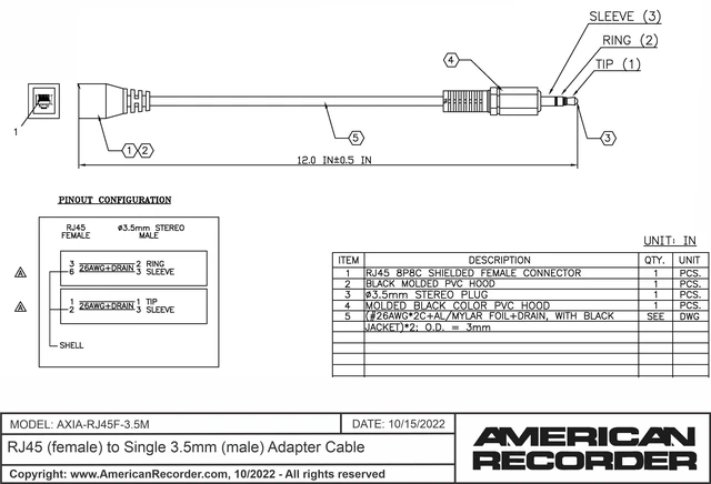 Alt view image 2 of 2 - RJ45 (female) to Single 3.5mm (male) Adapter Cable for AXIA
