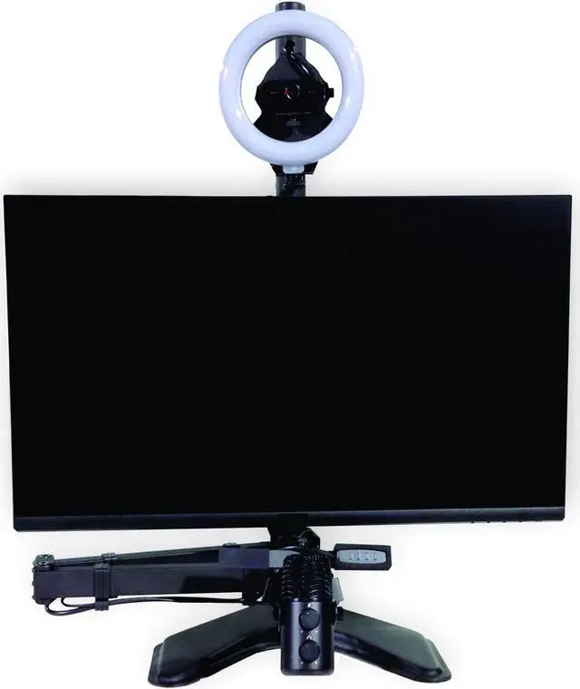 Alt view image 3 of 7 - ALLCAST - Video Conference, Webinar and Podcast System. Single or Dual monitor stand with built in HD Camera, Ring Light and Microphone