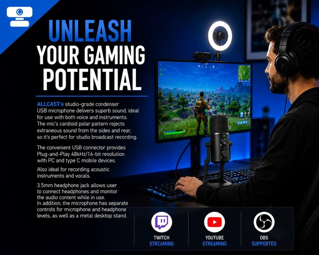 Alt view image 3 of 7 - ALLCAST - Live Streaming Complete Setup Kit - Streaming on Twitch, YouTube, TikTok - Video Conference, Webinar and Podcast System. Single or Dual monitor stand with built in HD Camera, Ring Light, Mic